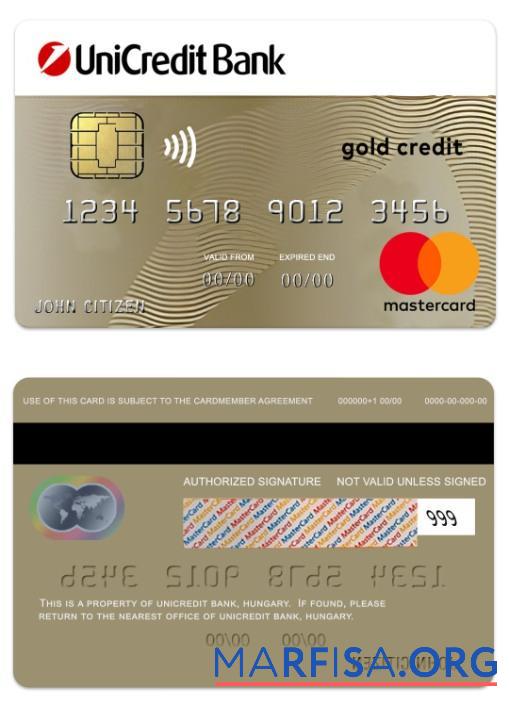 Blank Hungary UniCredit Bank gold credit mastercard template